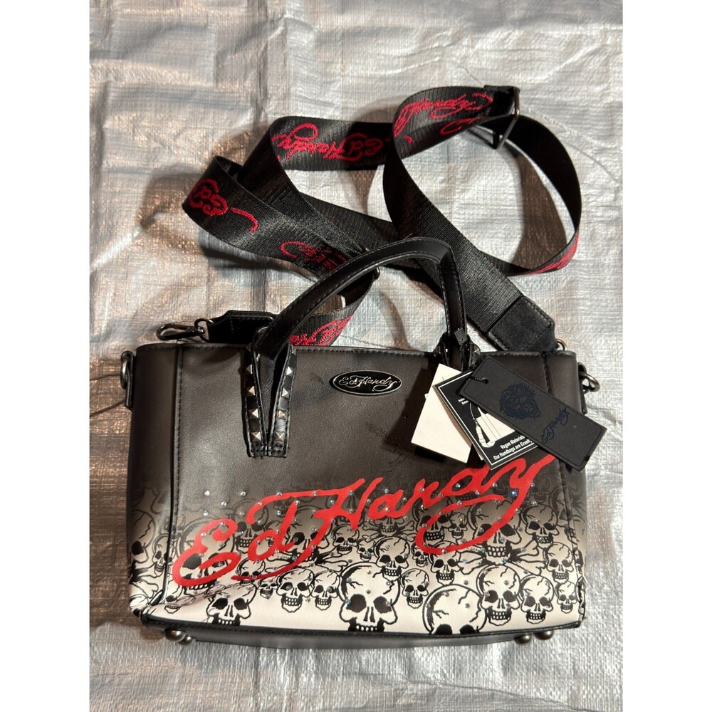NWT Ed Hardy Crossbody Satchel Bag Skull Rhinestone Studded Black Red EHH242AP